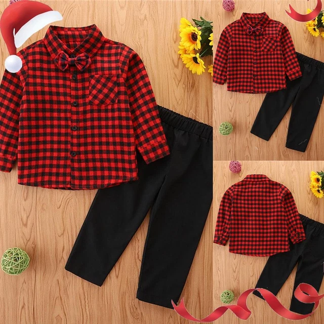 Kids Baby Boys Gentlemen Outfits Plaid Check Shirt Tops Pants Clothes Set UK