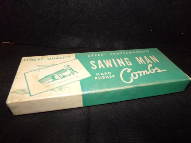 Vintage Sawing Man barber combs box, + comb & sleeves, FREE SHIPPING