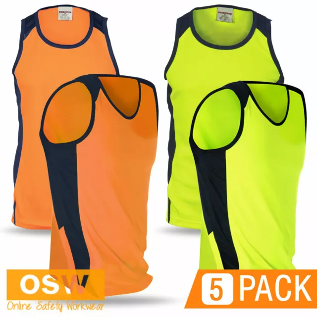 5 X Unisex Hi Vis Orange/Lime/Yellow Micromesh Work Warehouse Cool Dry Singlets