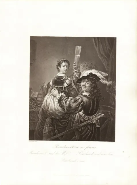 REMBRANDT E SUA MOGLIE, di  REMBRANDT , incisione  di  PAYNE ,  pubblicata 1867.