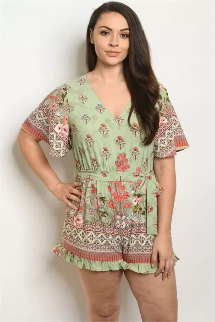 Womens Plus Size Sage Green Floral Romper 2XL Deep V Back Ruffled