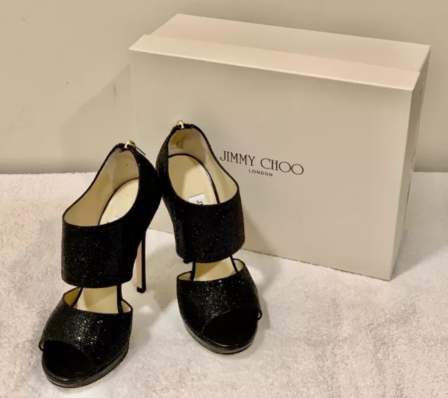 JIMMY CHOO “PRIVATE” Glitter Platform Heels BLACK Size 36.5