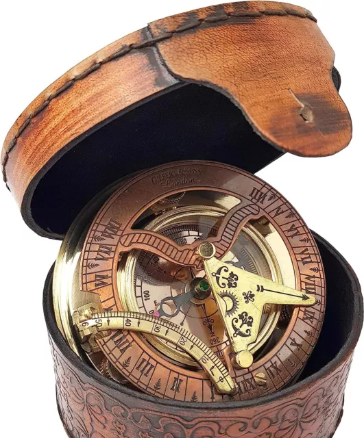 Antique Brass & Copper Sundial Compass, Sundial Clock, Sun dial in Box Gift Sun