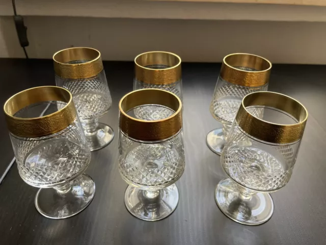 THERESIENTHAL 6x GLAS BLEIKRISTALL MIT BREITEM GOLDRAND 8cm ALTE VERSION 50-60 J