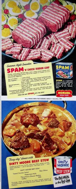 1951 Hormel SPAM Cheese Ribbon Loaf & Dinty Moore Beef Stew Vintage 50s Print Ad