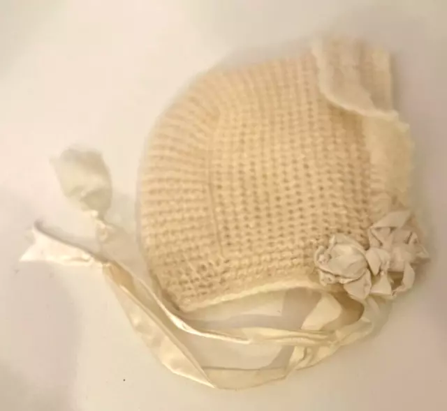 VintageSmall Baby Ivory Handknitted Crochet Hat Bonnet Preemie Doll