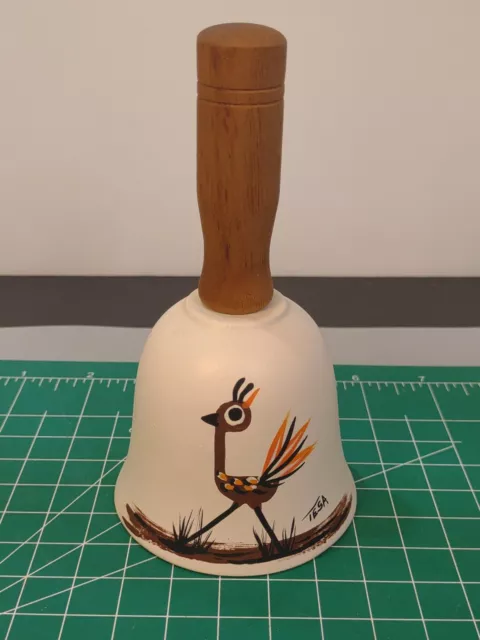 Vintage Tesa Hand Painted Quail Bell Southwest Clay Pottery Wood Handle