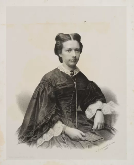 F. GRAUPENSTEIN (*1828), Dame im eleganten Kleid,  1866, Lith. Biedermeier