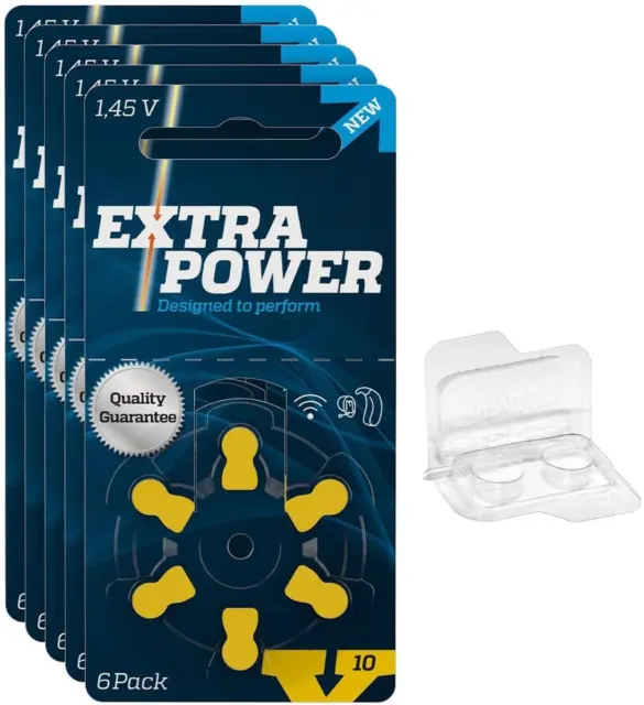 30x Extra Power talla 10 - Blister baterías de audífonos PR70 + caja de almacenamiento