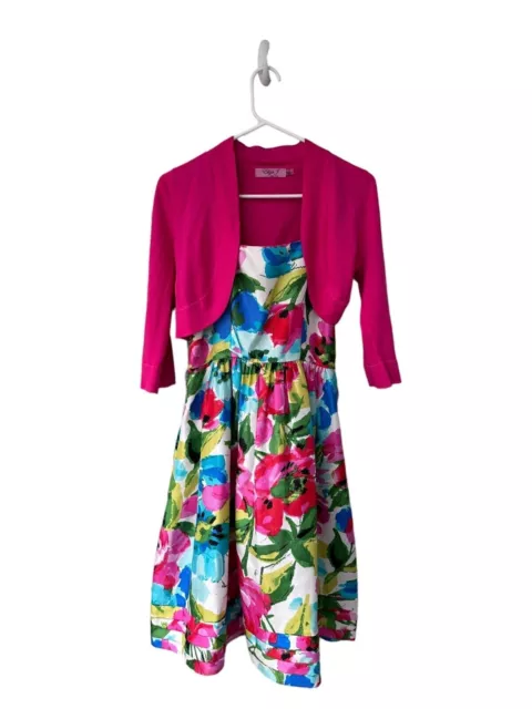 Eliza J Womens Size 6 Floral Fit & Flare Dress 2 pc Set Pink Cardigan Belt