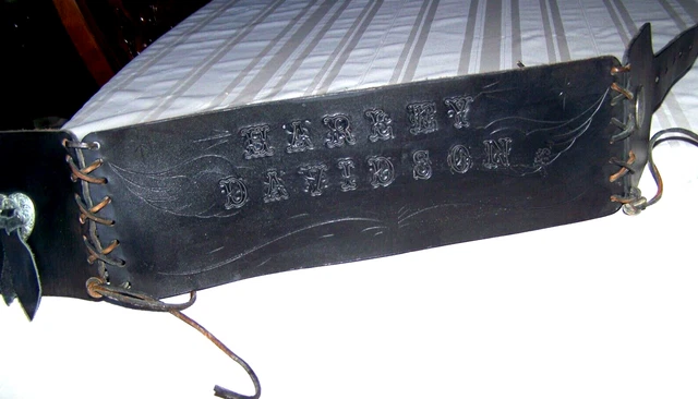 Vintage Harley Davidson Wide Black Leather Kidney Belt Concho's 2