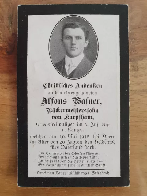 Sterbebild WK 1/Death Card WW1: Inf. Soldat,gef. 10.5.15 Ypern/Belgien/Belgium