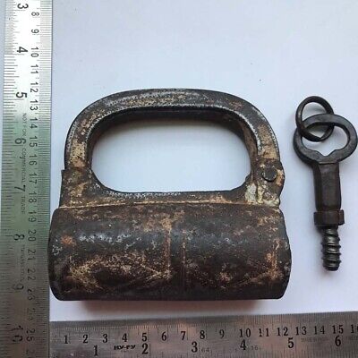18th C Iron padlock or lock with SCREW TYPE key nice decorative shape.