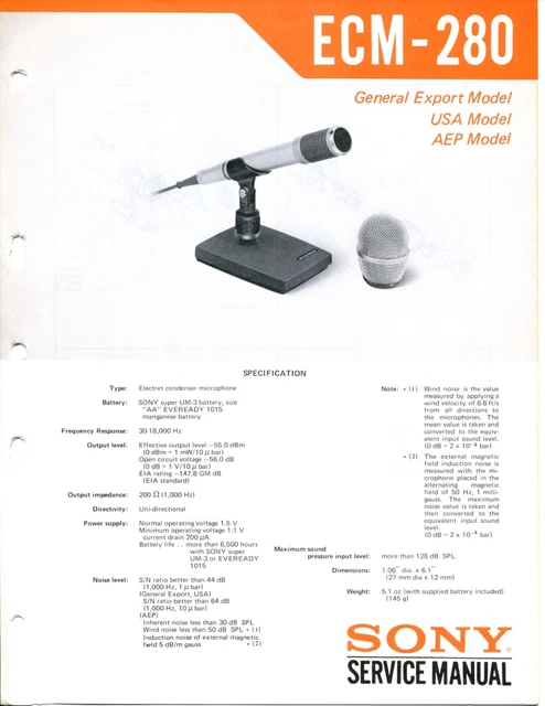 SONY MODEL ECM-280 Electret Condenser Microphone Service Manual $16.82 ...