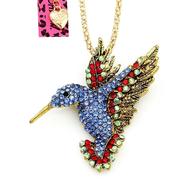 Betsey Johnson Blue Crystal Rhinestone Hummingbird Pendant Necklace/Brooch Pin