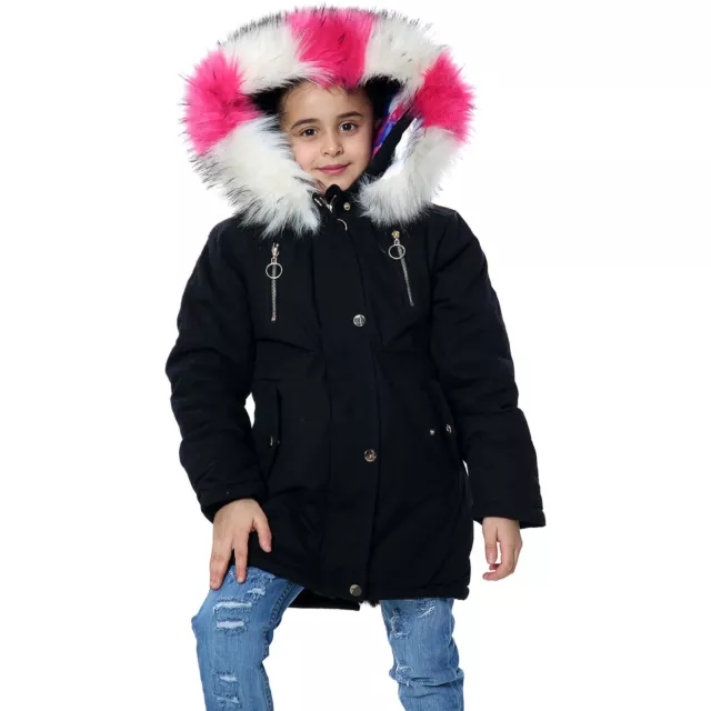 Giacca con cappuccio bambini ragazze pelliccia arcobaleno nera parka giacche scuola outwear cappotto