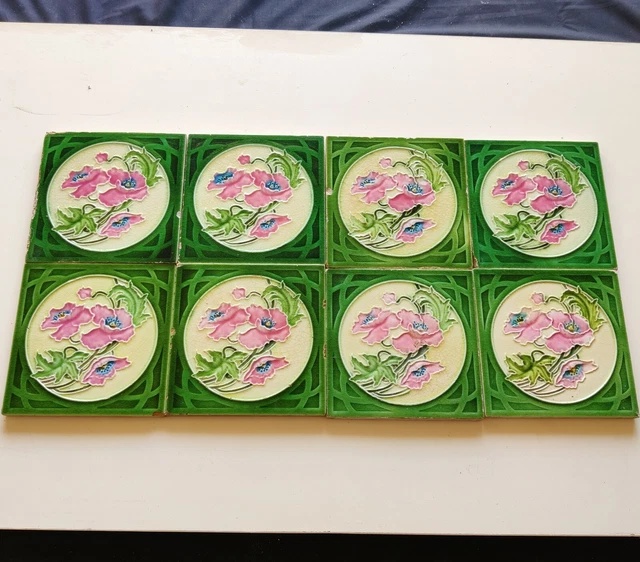 1940s Vintage Embossed Floral Design Majolica Art Architecture Tile 8 Pc England
