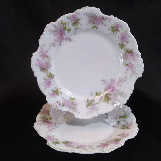 Silesia Germany Bread Plates Lavender Flower Embossed Scalloped Rim Gilt Faded