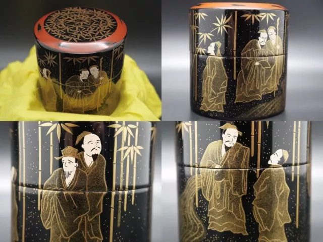 Japan Lacquer Wooden Tea caddy Men-Nakatsugi 7 Sages of Bamboo Grove maki-e 408