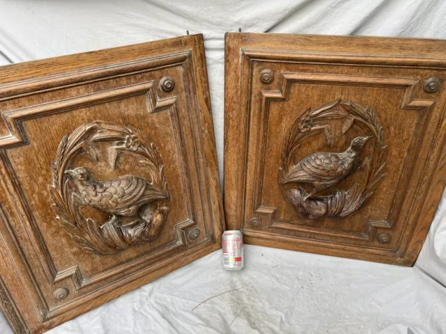 Antique Pair French Carved Oak Pheasant Furniture Panels 19th Century Project 2