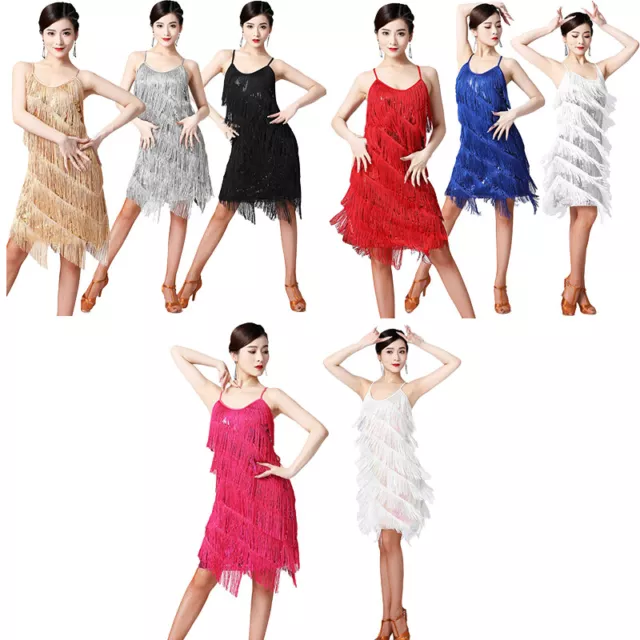 Women Latin Dress Sequin Fringe Dress Sleeveless Salsa Cha Cha Ballroom Dress