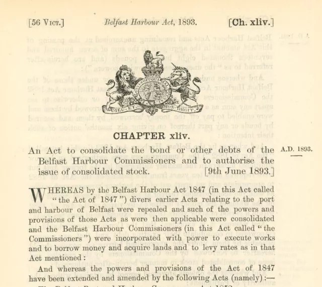 Antique Act of Parliament Belfast Harbour Commissioners 1893 politics Document