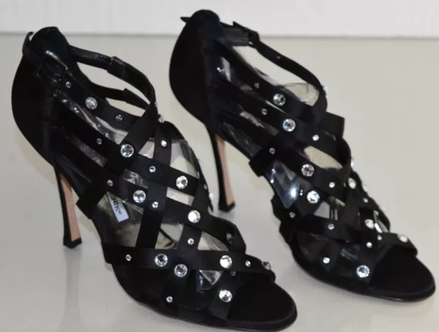 $1045 NEW Manolo Blahnik BUKISTRA Black Satin Pumps CRYSTALS Jeweled Shoes 41