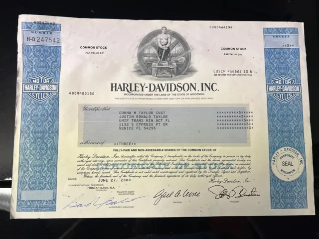 Harley-Davidson, Inc. - Famous Motorcycle Company Stock Certificate