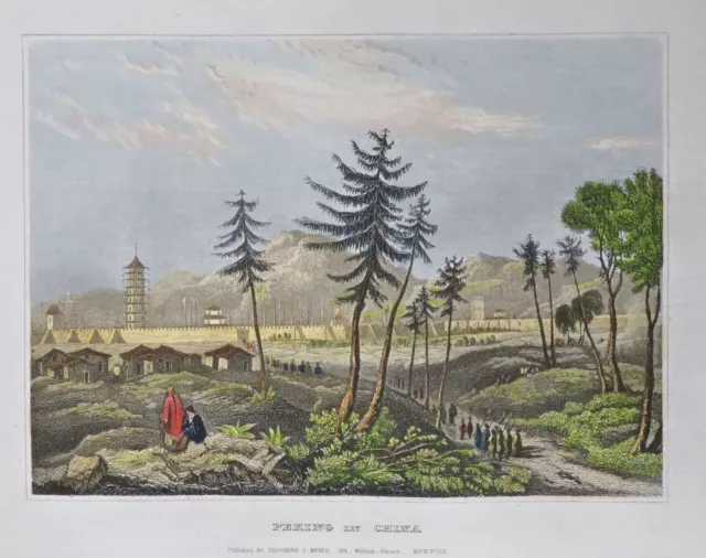 Beijing Peking China Qing Empire City View c. 1830 engraved hand colored print