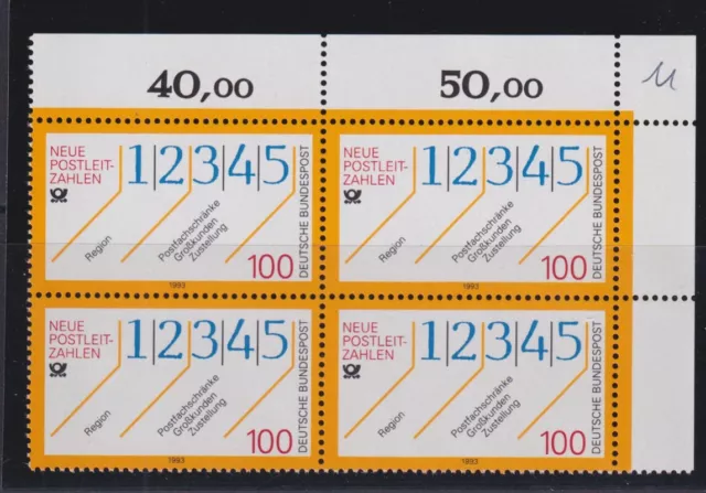 Bund 1659 Eckrand rechts oben 4er Block Neue Postleitzahlen 100 Pf postfrisch