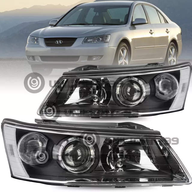 For 06-08 Hyundai Sonata Left & Right Black Pairs Headlights Assembly Headlamp