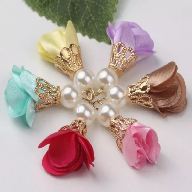 X2 BRELOQUE PENDENTIF, POMPON Tissu satin froufrou, Calotte Doré Perle - BC01 2