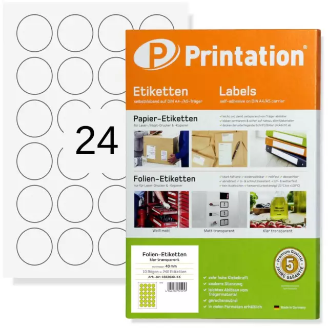 Etiketten transparent glasklar 40 mm rund  240 Marmelade Folie Sticker klar A4