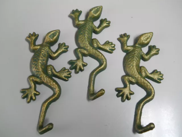3 Cast Iron LIZARD Towel Hanger Coat  Hat Hooks, Key Rack  REPTILE Hook GECKO