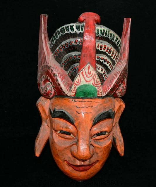 13.2" Old Chinese Wood Lacquerware Painting official Person Face vizard mask