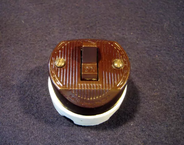 Vintage Round Wall Toggle Light Switch Brown Bakelite / Porcelain - Leviton