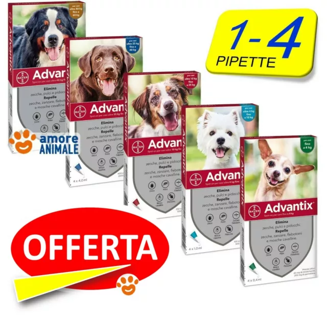 Advantix Bayer 1 e 4 pipette per Cani da 0-4 / 4-10 / 10-25 / 25-40 / 40-60 kg