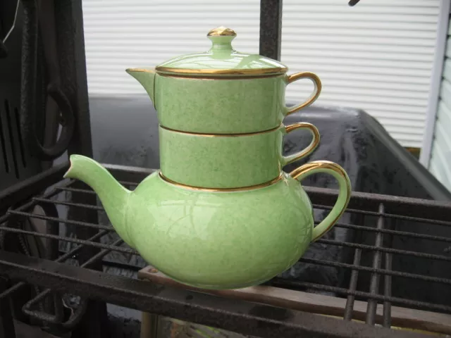 #88 Royal Winton Stacking tea set teapot/cup/creamer mottled green Grimwades