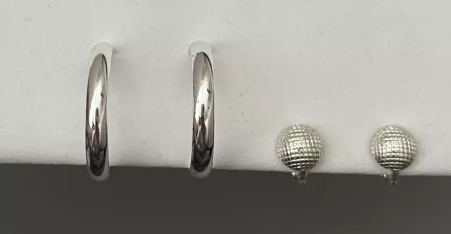 VTG Lot 2 Signed Monet Clip On Earrings Hoop & Huggies Silver Tone