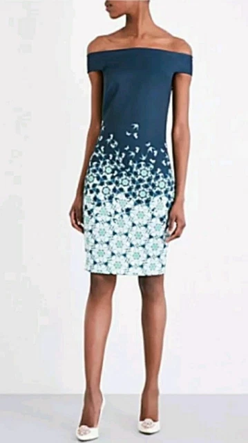 Abito Bodycon Ted Baker Taglia 10 (2) Bellissimo Amahlia Floreale Rondine Uccellini Marina