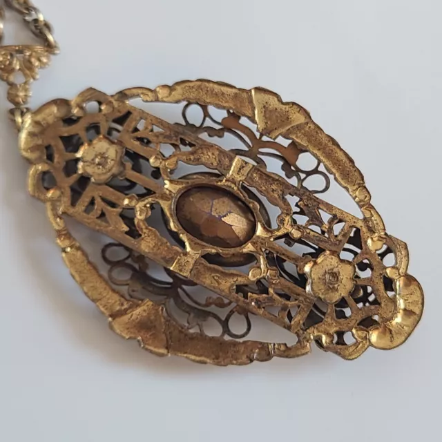 Vintage Czech Glass faux amethyst brass filigree pendant necklace art nouveau 3