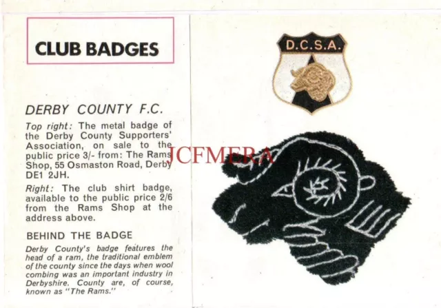 DERBY COUNTY TOWN F.C. c1971, Club Badge & Details Small Magazine Print 154/01