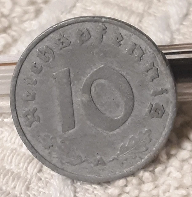Vintage 1942-A ,  WW2 German 10 Reichspfennig , Dark WWII Era Circulated Coin