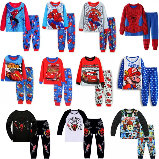 Mario Spiderman Pjs Pyjamas Set Kids Boys Print Long Sleeve Shirt Pants Nightwea