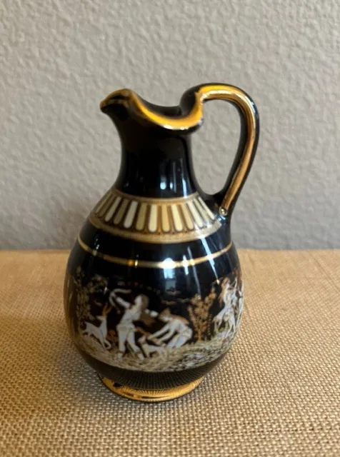 K Hand Made Greek Vase Black and 24K Gold Greek Mythology Vase Small