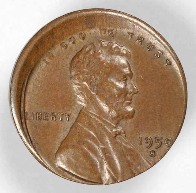 1950-S 1C WHEAT Off Center Full Date AU US Mint Error Lincoln Cent