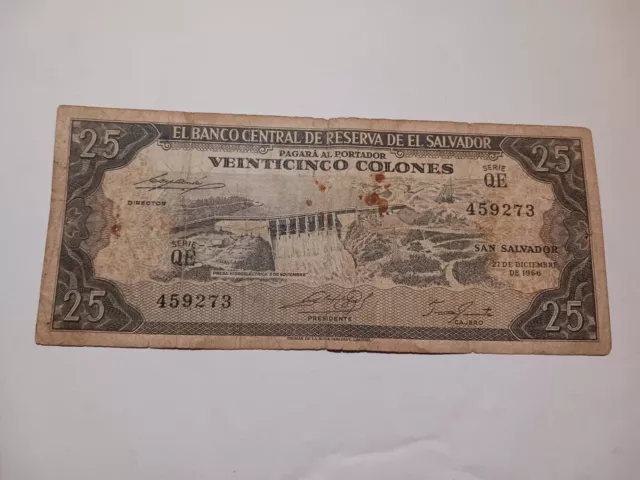 Veinticinco colones El Salvador banknote of the year 1966.