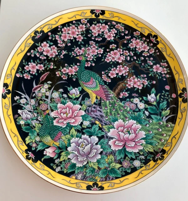 Vintage japanischer Eiwa Kinsei Pfauenteller Blumenmuster orientalischer großer Teller 26 cm