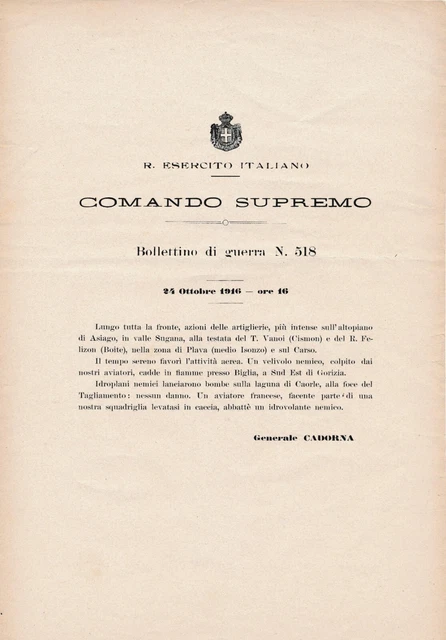 WW1 BOLLETTINO GUERRA N. 518 Comando Supremo Asiago Cismon Boite Isonzo Carso...