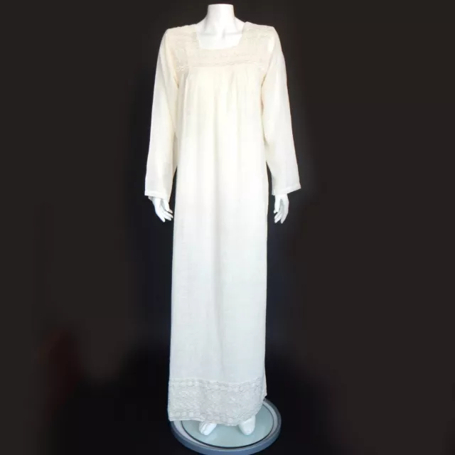 Vintage Cotton Gauze Ivory Embroidered Maxi Dress Kaftan India sz M/L /8123